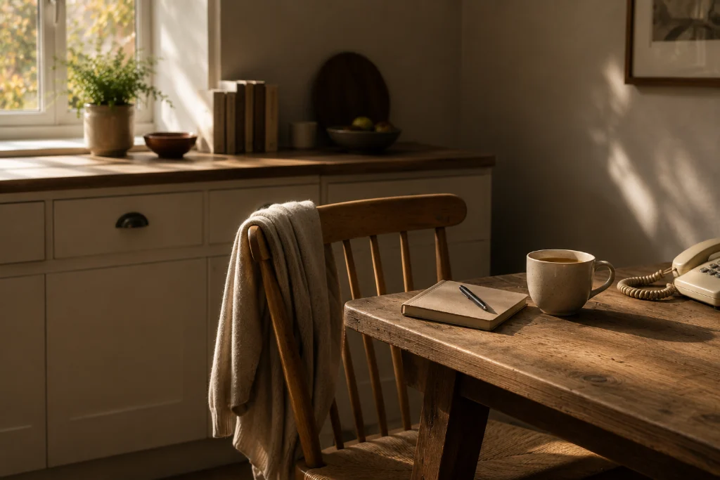 An empty wooden kitchen chair with a knitted cardigan over the back, beside a table holding a mug of tea, a notebook and a cream telephone.