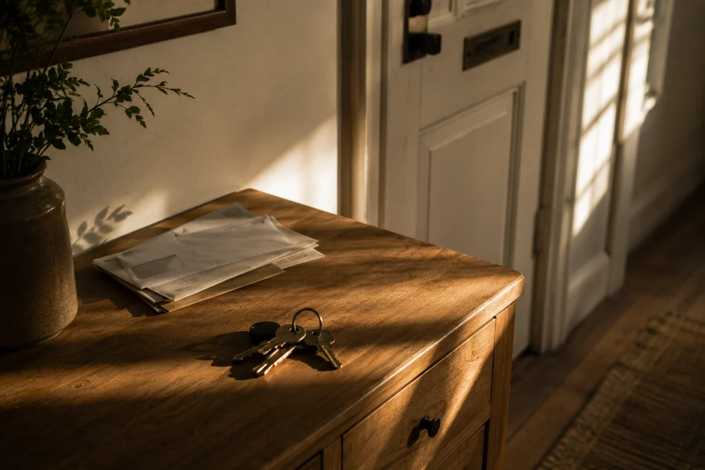 House keys and unopened post on a hallway cabinet by the front door, in low evening sunlight.