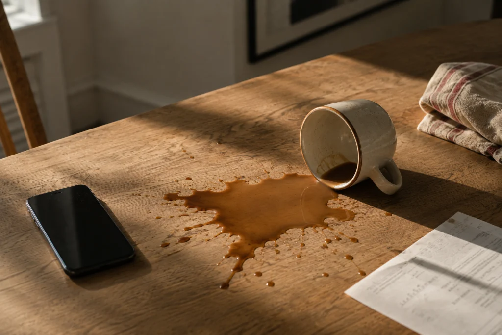 A spilled mug of coffee across a wooden table, next to a phone and a paper document.